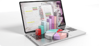 AI-driven dashboard automation and predictive analytics visualized through dynamic charts on a laptop, highlighting Scrift's business intelligence and data services.