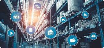 Smart warehouse environment illustrating Scrift's data warehousing and AI management services, part of its enterprise-focused data analytics and business intelligence solutions