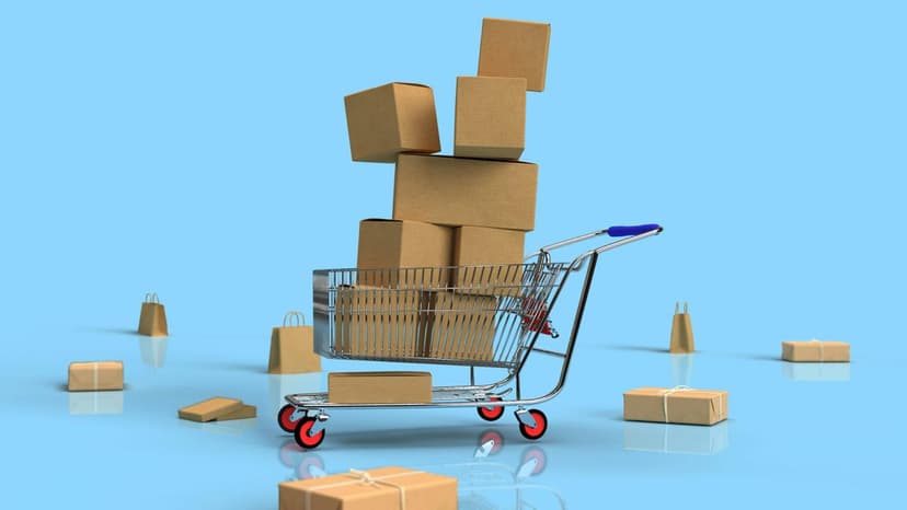 Shopping cart filled with mobile devices in a digital aisle, representing Scrift's AI-powered retail and e-commerce solutions for personalized experiences and intelligent inventory management.